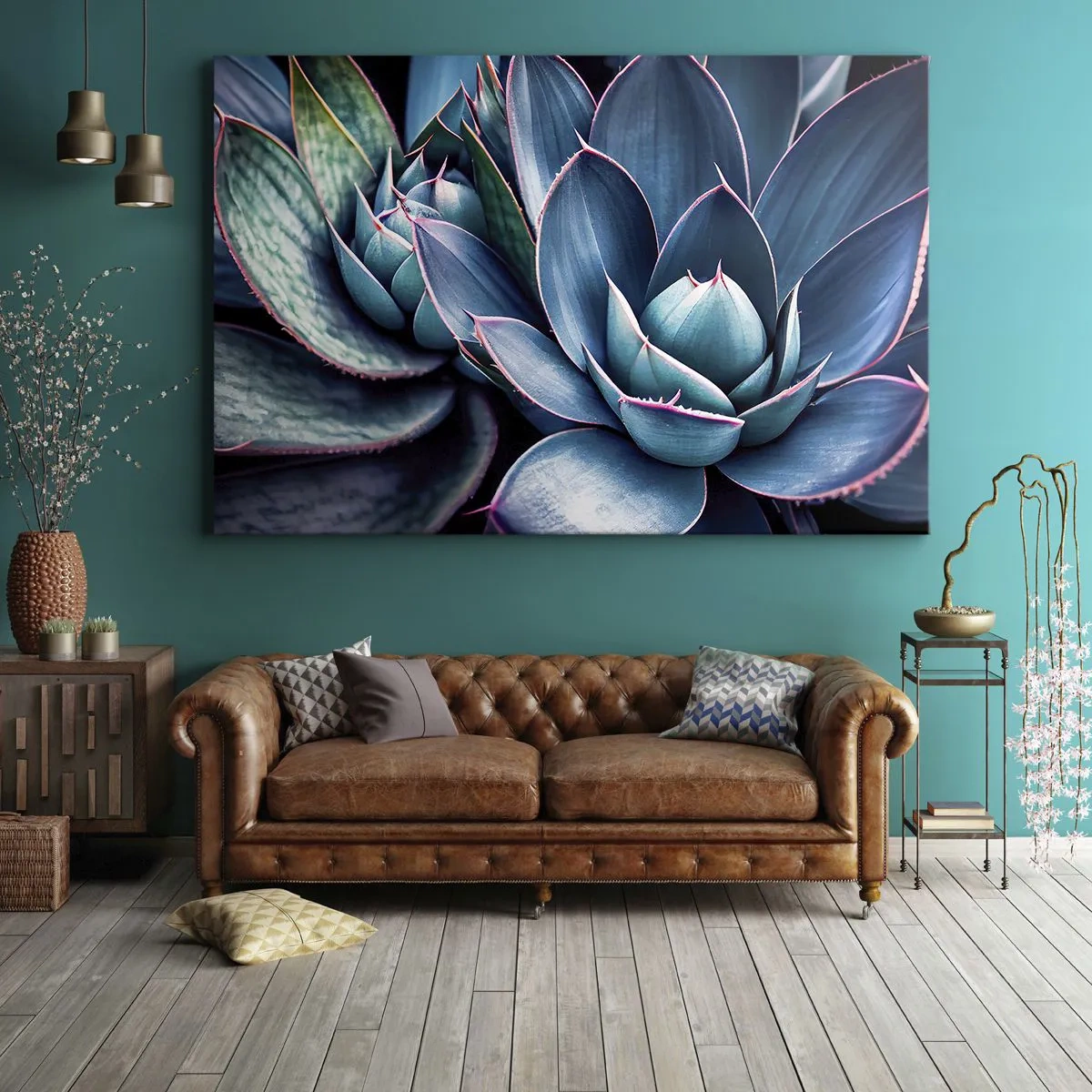 Quadro su tela - Stampe su Tela - Agave nelle tonalità del blu e del verde con accenti rosa - 120x80cm - Forza vitale - Decorazione murale moderna per soggiorno e camera da letto ARTTOR