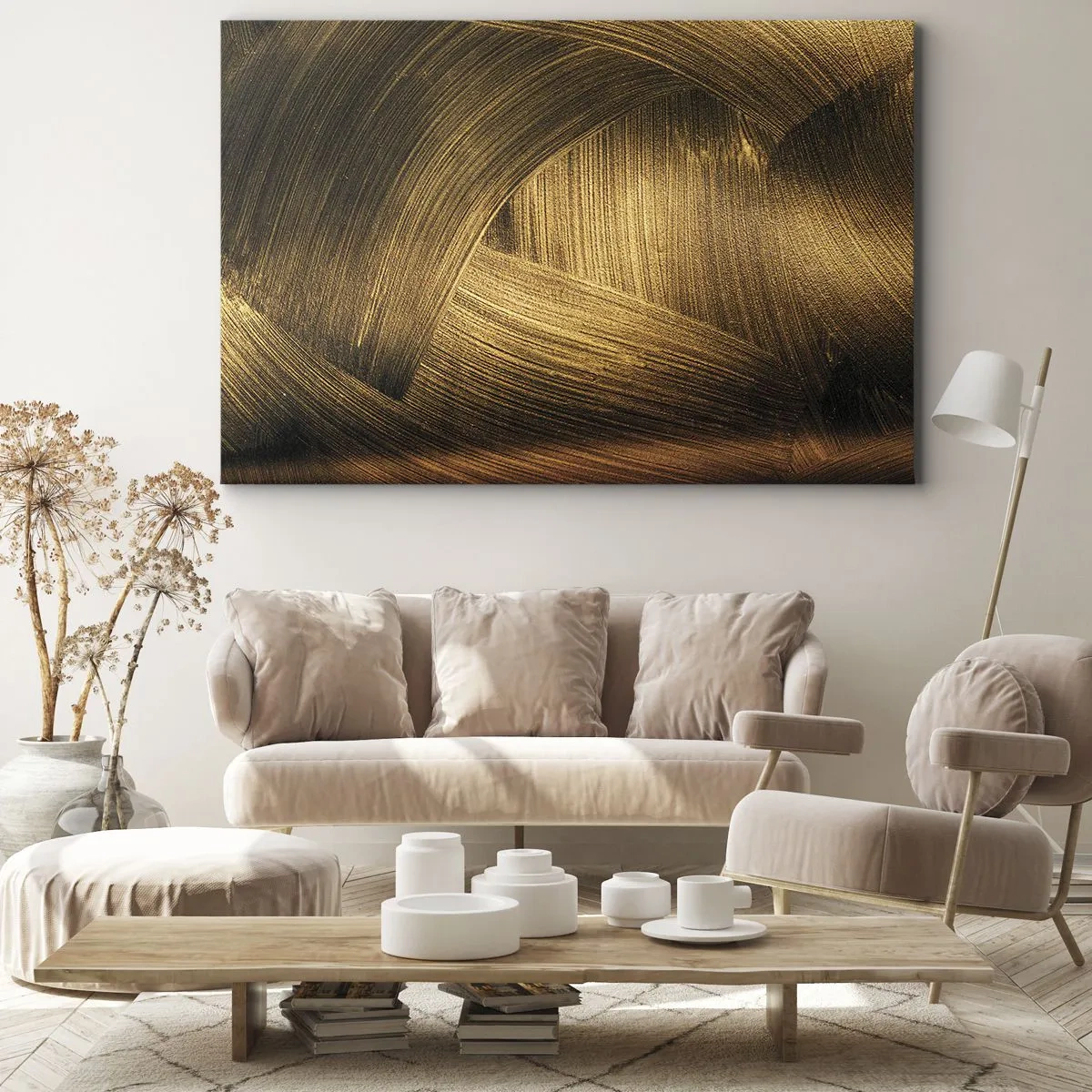 Quadro su tela - Stampe su Tela - Pennellate astratte dorate - 70x50cm - Nel labirinto d'oro - Decorazione murale moderna per soggiorno e camera da letto ARTTOR