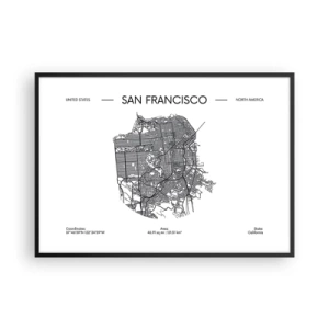 Poster in cornice nera - Una mappa di San Francisco in stile minimalista in bianco e nero. - 100x70cm - Anatomia di San Francisco - Decorazione murale moderna per soggiorno e camera da letto ARTTOR