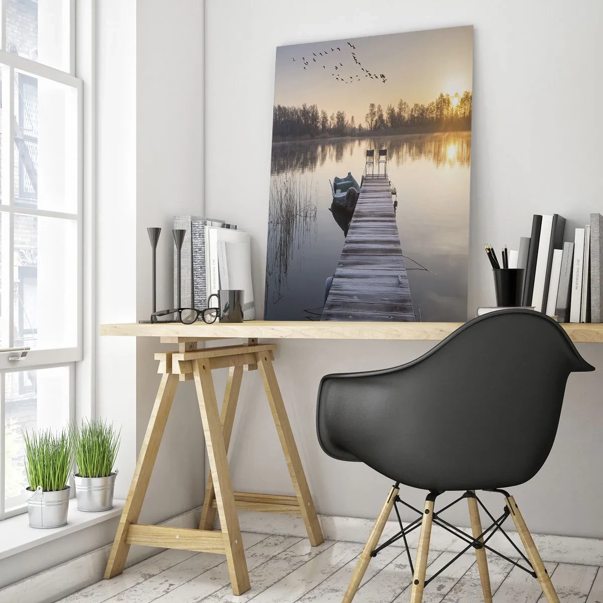 Quadro su vetro - Mattina al lago con molo - 50x70cm - Tornerò un giorno - Decorazione murale moderna per soggiorno e camera da letto ARTTOR