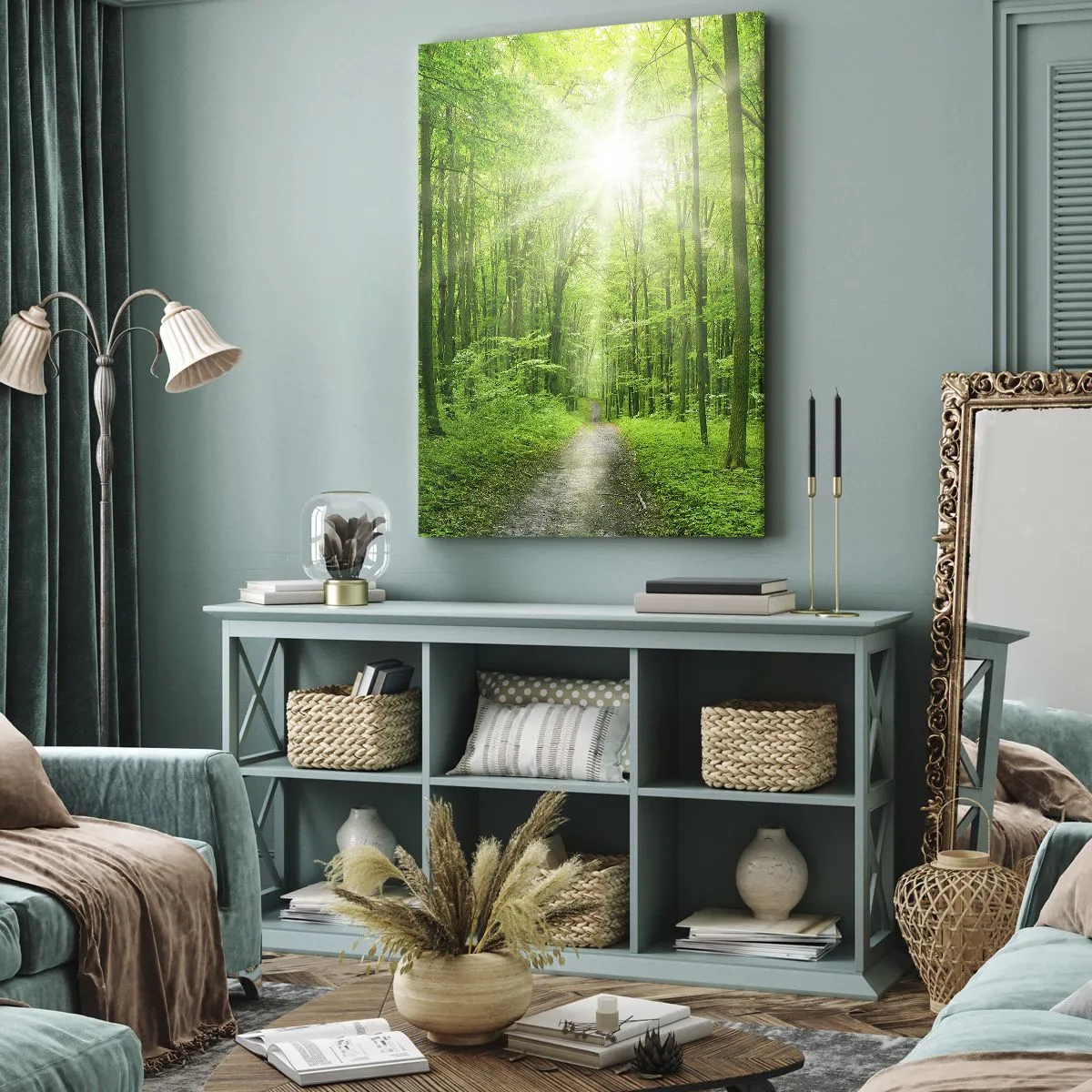 Quadro su tela - Stampe su Tela - Sentiero nel bosco con raggi di sole - 50x70cm - Cattedrale verde - Decorazione murale moderna per soggiorno e camera da letto ARTTOR