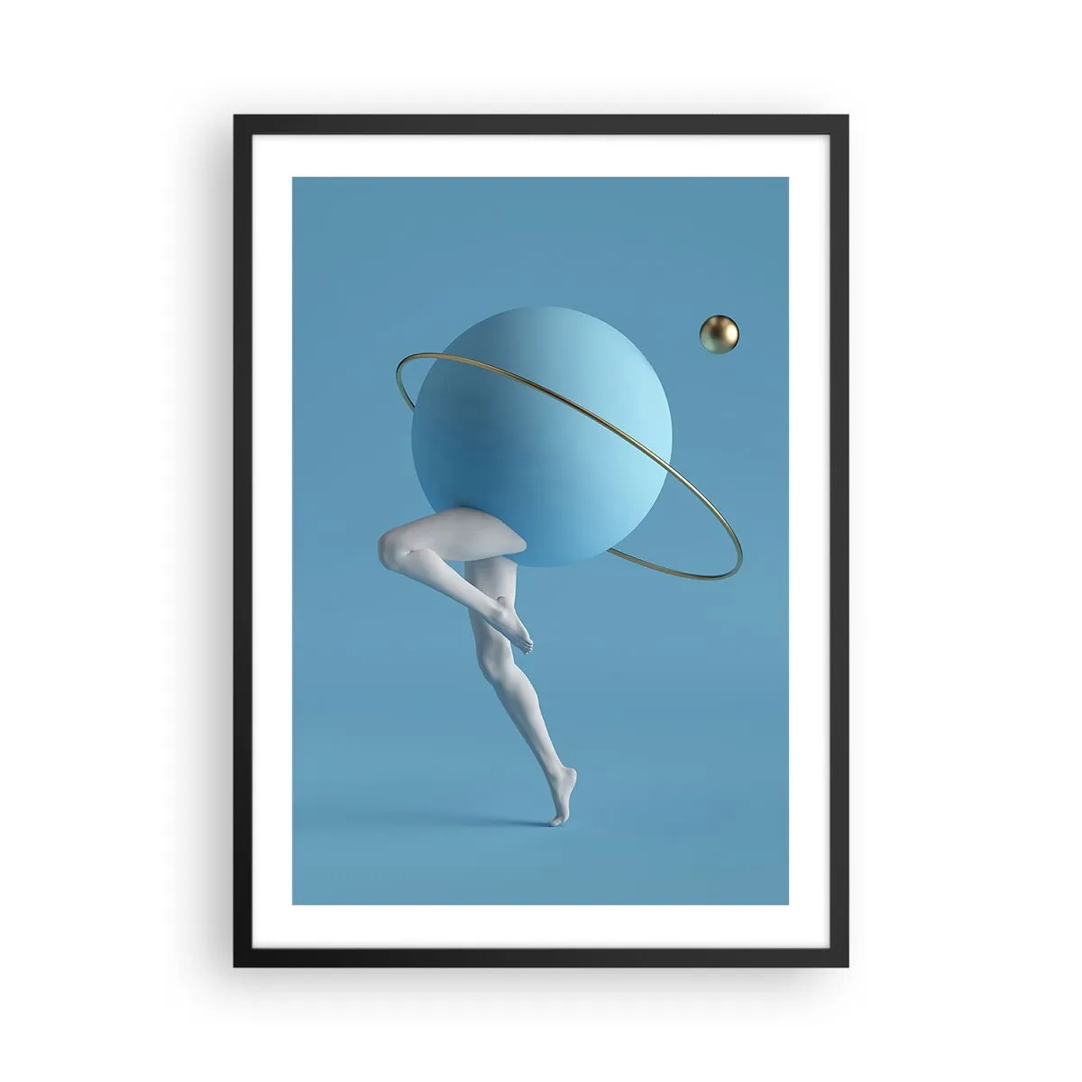 Poster in cornice nera - Una figura con un pianeta come testa in una composizione surrealista - 50x70cm - E i pianeti folleggiano - Decorazione murale moderna per soggiorno e camera da letto ARTTOR