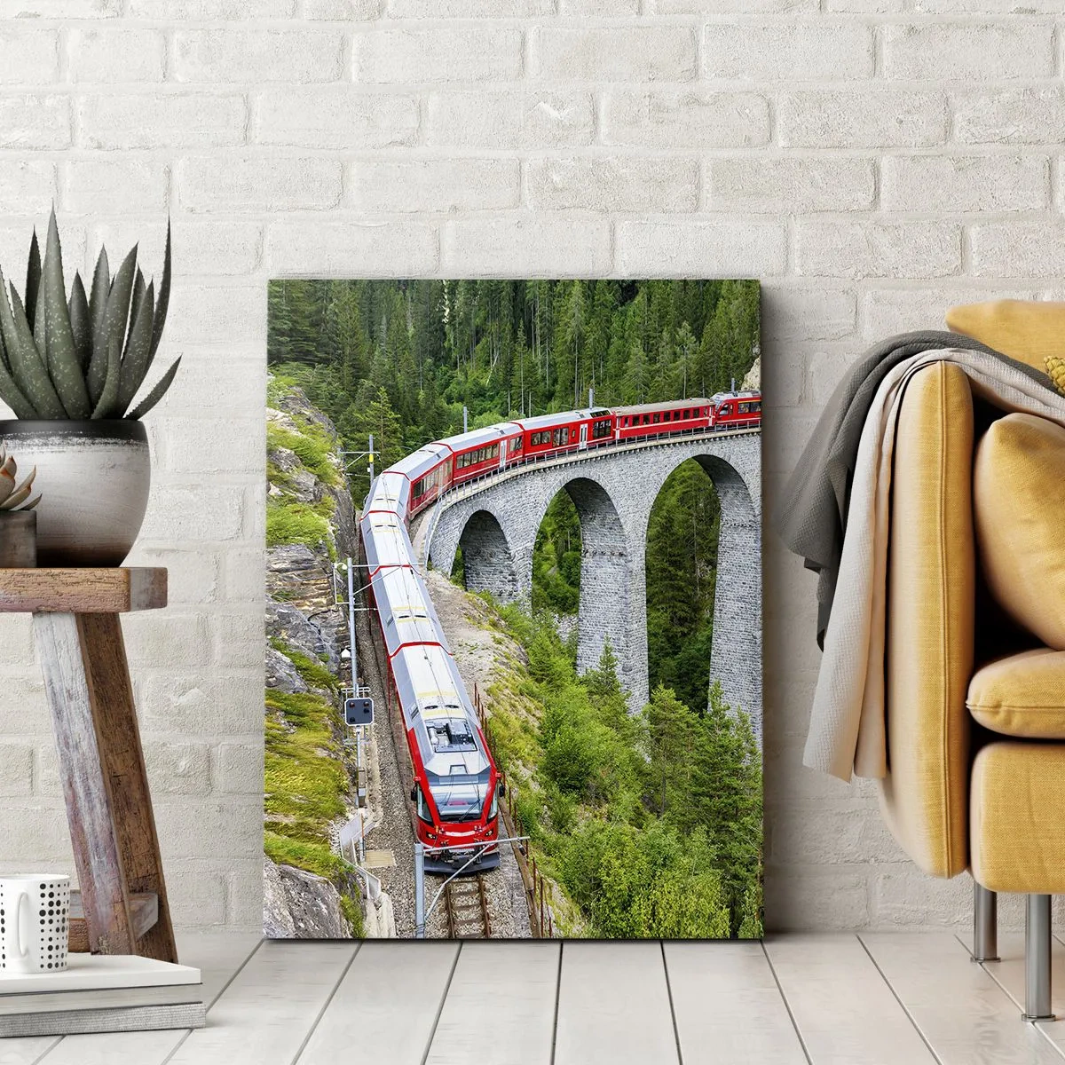 Quadro su tela - Stampe su Tela - Un treno su un pittoresco viadotto in un paesaggio montuoso - 80x120cm - Il treno tra i monti - Decorazione murale moderna per soggiorno e camera da letto ARTTOR