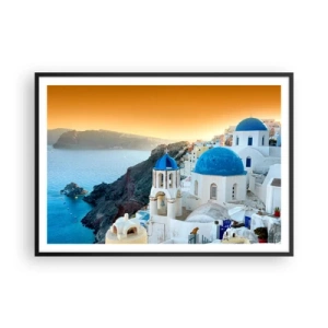 Poster in cornice nera - Vista di Santorini con edifici bianchi e mare blu - 100x70cm - Santorini: aggrappate alle rocce - Decorazione murale moderna per soggiorno e camera da letto ARTTOR