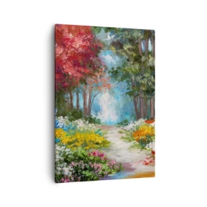 Quadro su tela - Stampe su Tela - Un pittoresco giardino pieno di fiori e alberi colorati in un ambiente boschivo - 50x70cm - Il giardino del bosco d'aprile - Decorazione murale moderna per soggiorno e camera da letto ARTTOR