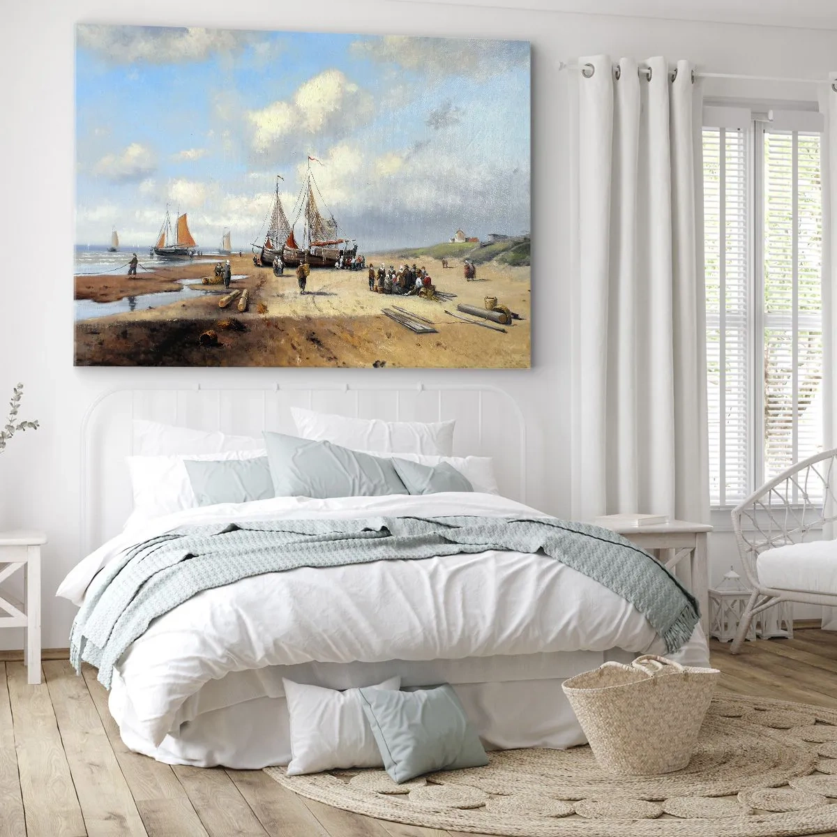 Quadro su tela - Stampe su Tela - Barche da pesca sulla spiaggia con figure umane - 70x50cm - Dopo una buona pesca - Decorazione murale moderna per soggiorno e camera da letto ARTTOR