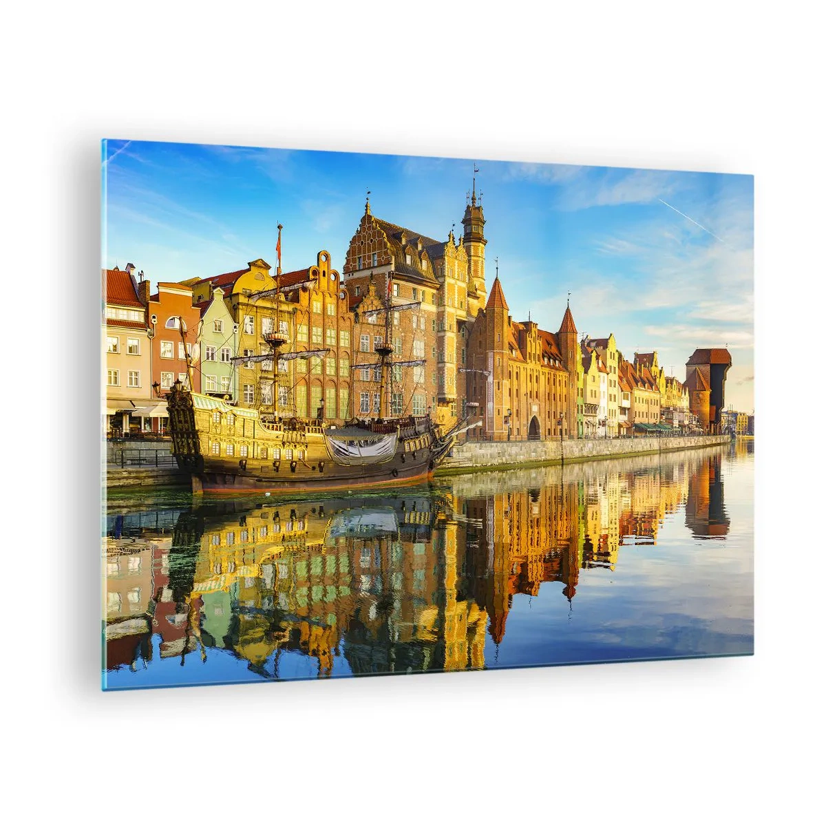 Quadro su vetro - Il centro storico di Danzica con un riflesso nell'acqua - 70x50cm - Il riflesso del passato - Decorazione murale moderna per soggiorno e camera da letto ARTTOR