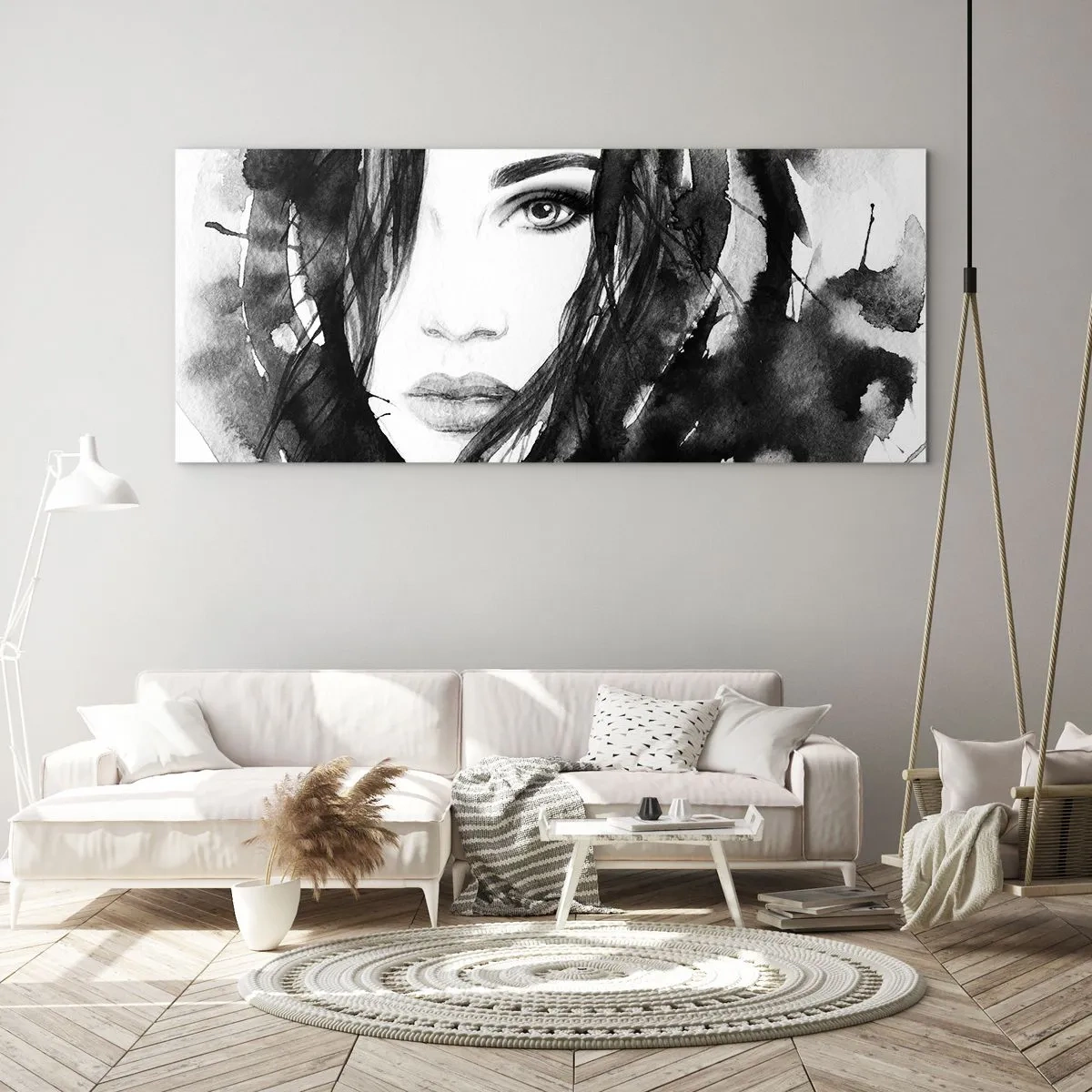 Quadro su vetro - Ritratto di donna in acquerello bianco e nero - 140x50cm - Ritratto di donna in bianco e nero - Decorazione murale moderna per soggiorno e camera da letto ARTTOR