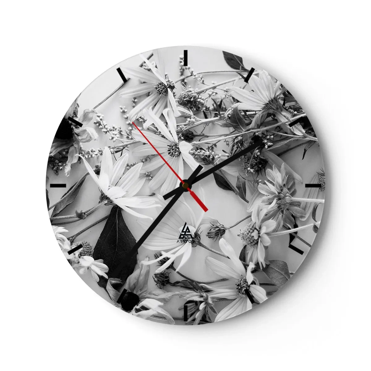 Orologio da parete - Orologio in Vetro - Fiori bianchi e neri sparsi su uno sfondo chiaro in una disposizione casuale - 30x30cm - Un non bouquet di fiori - Decorazione murale moderna per soggiorno, cucina e camera da letto ARTTOR