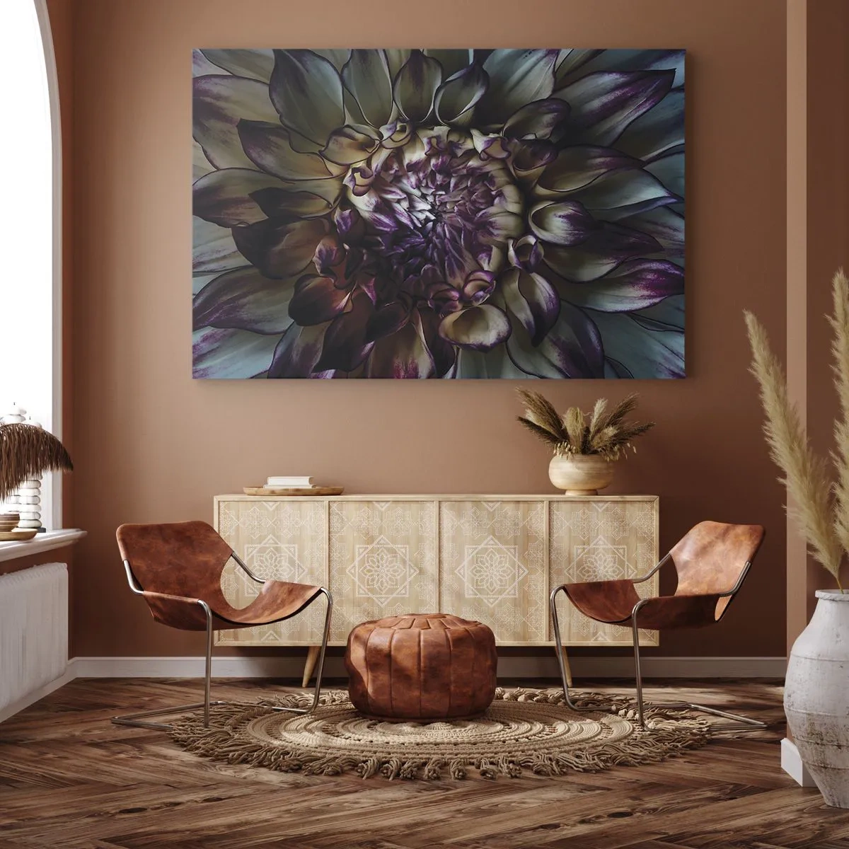 Quadro su tela - Stampe su Tela - Primo piano di un fiore di dalia in toni scuri - 100x70cm - Il rigoglio della giovinezza - Decorazione murale moderna per soggiorno e camera da letto ARTTOR
