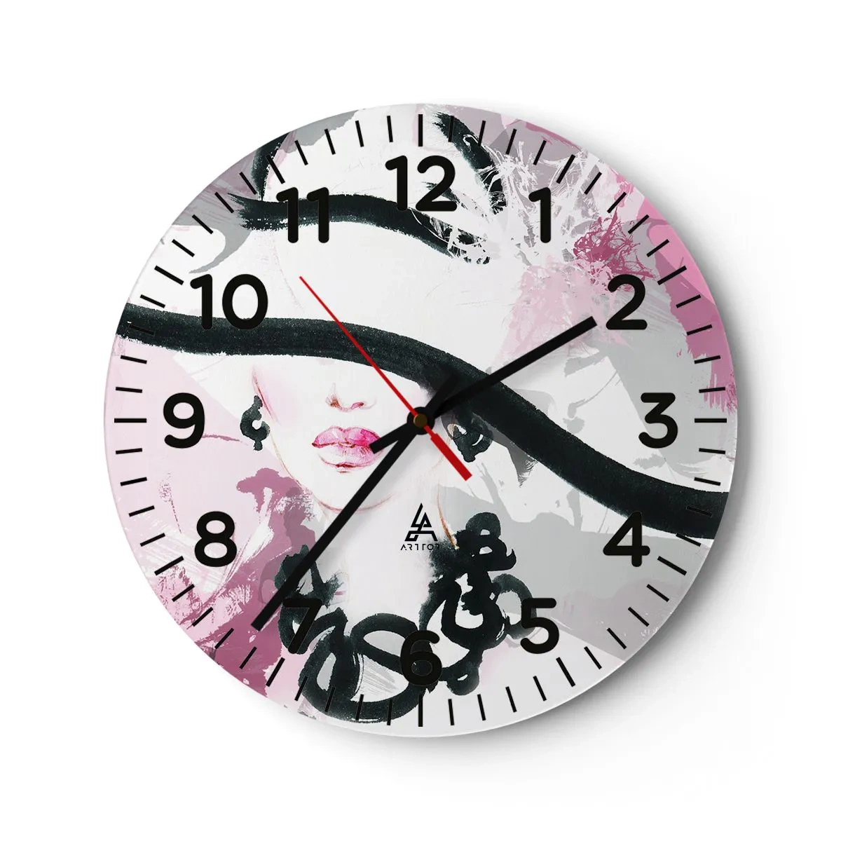Orologio da parete - Orologio in Vetro - Ritratto di donna in nero e rosa - 40x40 cm
