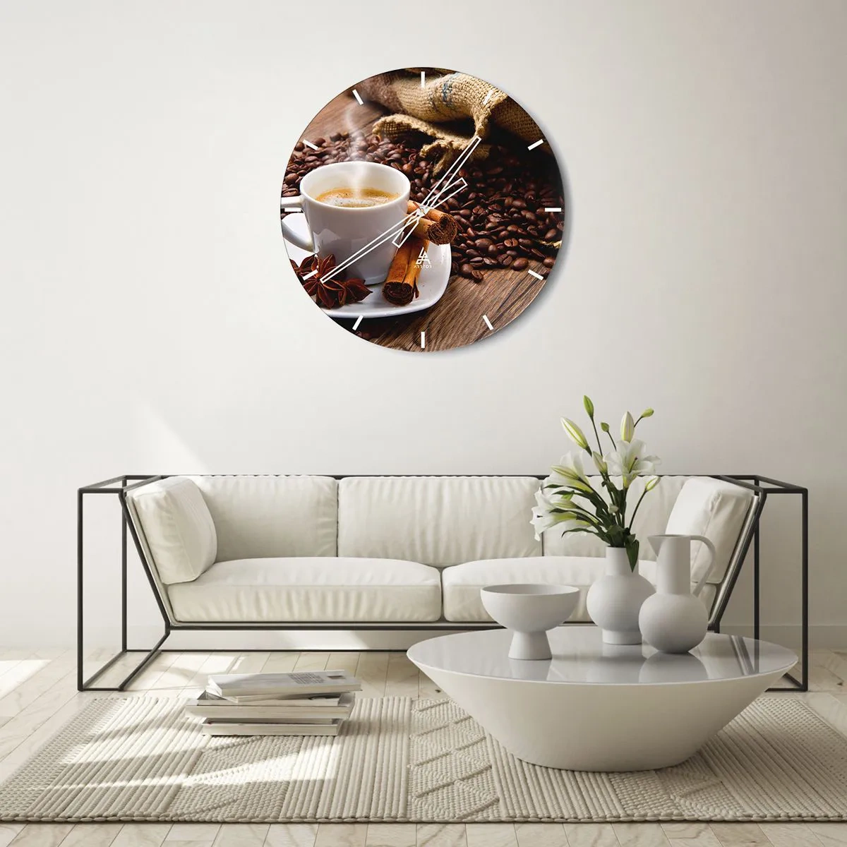 Orologio da parete - Orologio in Vetro - Una tazza di caffè con spezie e chicchi di caffè - 30x30cm - Sapore e profumo speziato - Decorazione murale moderna per soggiorno, cucina e camera da letto ARTTOR