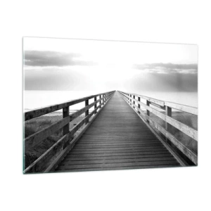 Quadro su vetro - Un ponte di legno che conduce verso l'orizzonte in bianco e nero - 120x80cm - Sempre più lontano - Decorazione murale moderna per soggiorno e camera da letto ARTTOR
