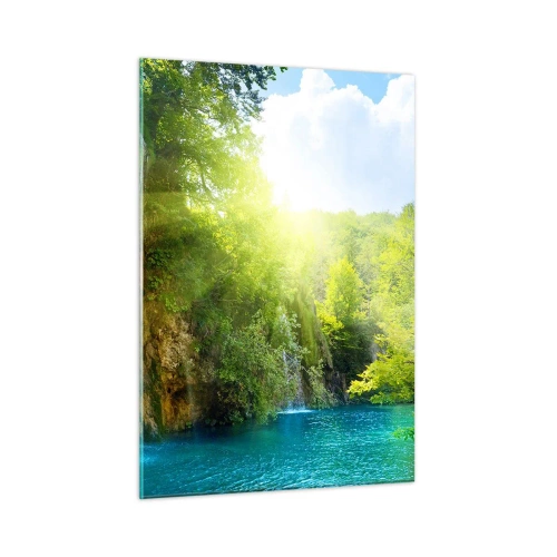 Quadro su vetro - Una cascata che sfocia in un lago blu circondato dal verde - 50x70cm - Così deve essere il paradiso - Decorazione murale moderna per soggiorno e camera da letto ARTTOR