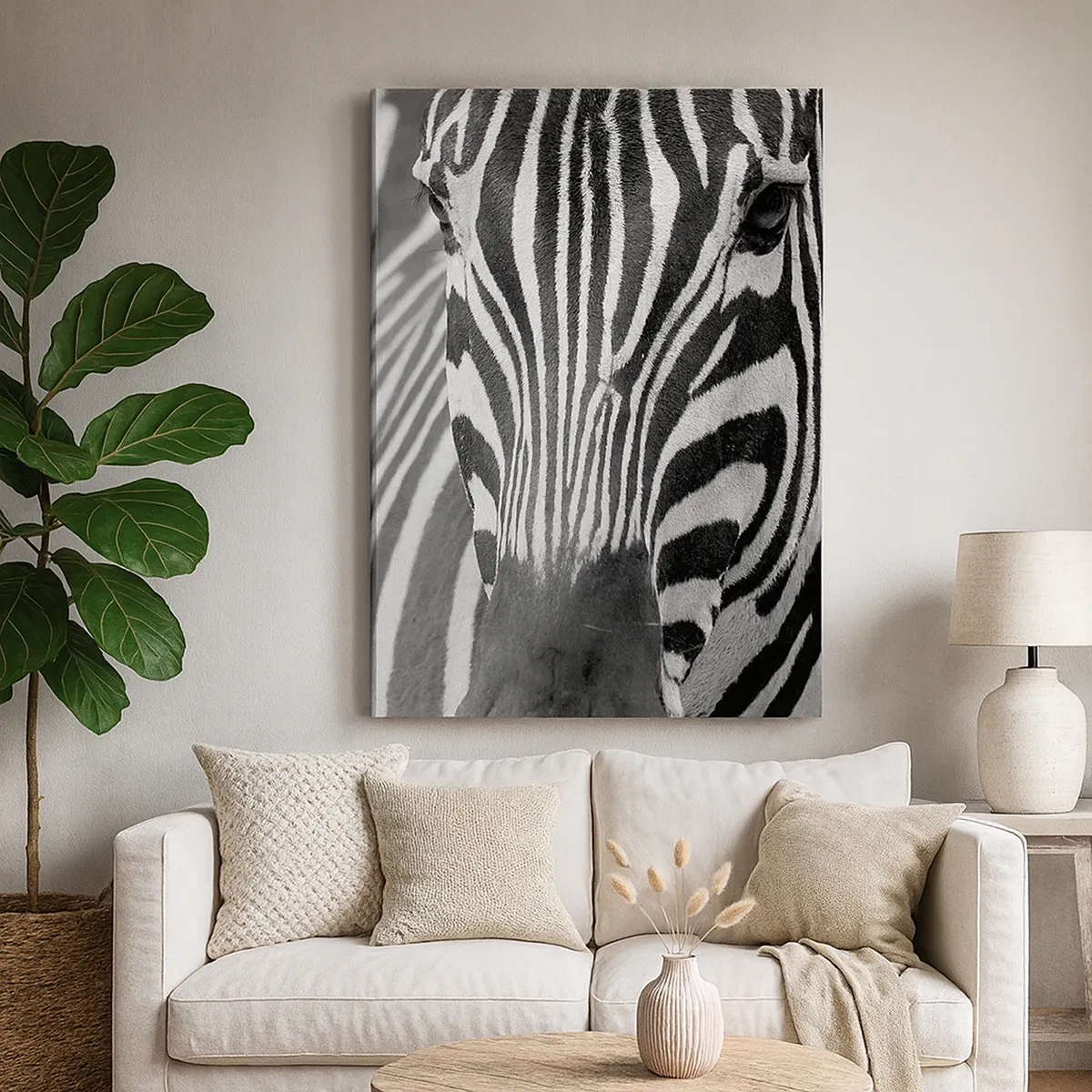 Quadro su tela - Stampe su Tela - Primo piano in bianco e nero di una zebra con le sue strisce distintive. - 50x70cm - Il mondo è in bianco e nero - Decorazione murale moderna per soggiorno e camera da letto ARTTOR