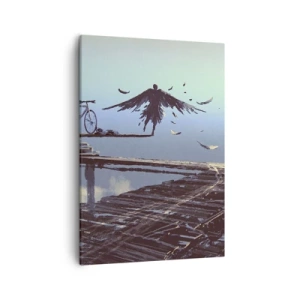 Quadro su tela - Stampe su Tela - Una figura con le piume volteggia su un ponte di legno accanto a una bicicletta. - 50x70cm - Icaro è sempre vivo - Decorazione murale moderna per soggiorno e camera da letto ARTTOR