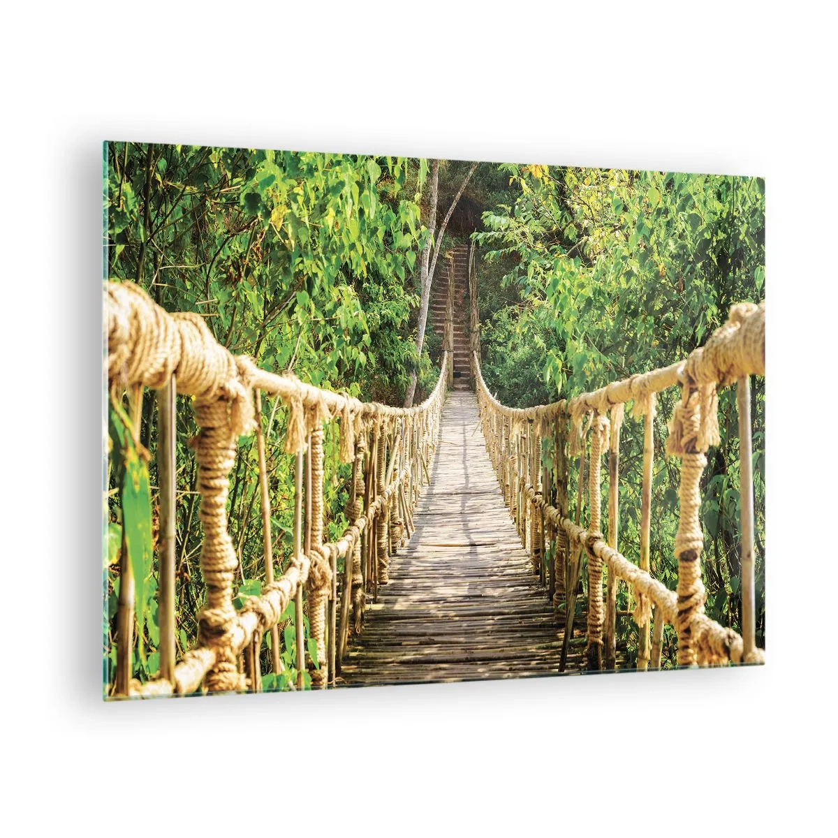 Quadro su vetro - Un ponte di corda in legno circondato da una vegetazione lussureggiante - 70x50cm - Sospeso nel verde - Decorazione murale moderna per soggiorno e camera da letto ARTTOR