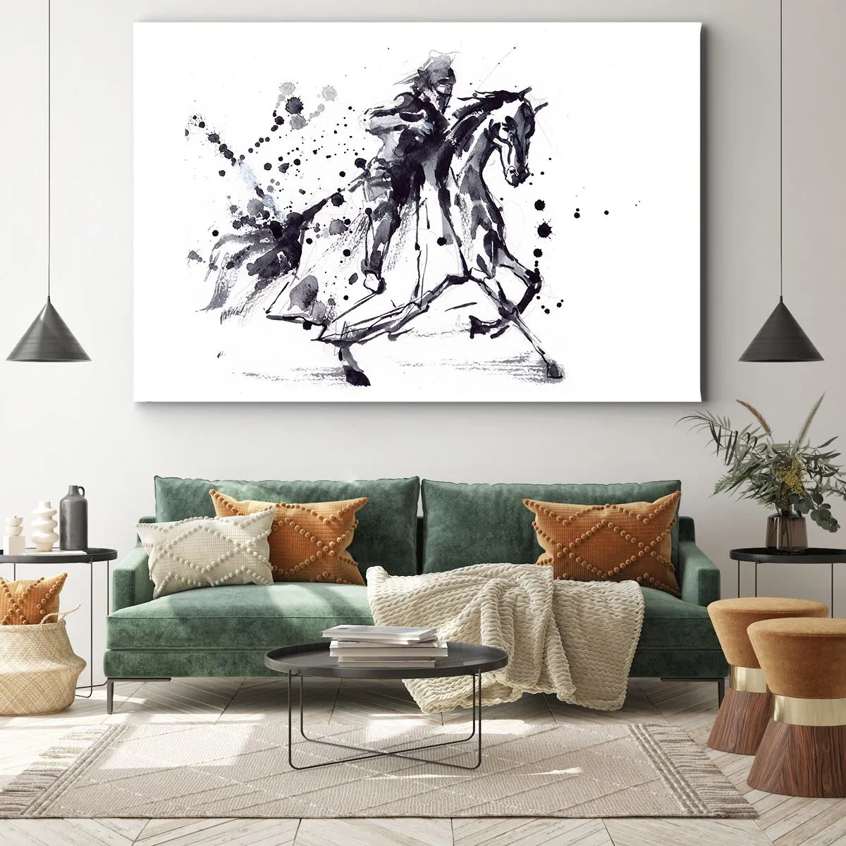 Quadro su tela - Stampe su Tela - Acquerello in bianco e nero di un cavaliere su un cavallo al galoppo - 120x80cm - Il cavaliere nero - Decorazione murale moderna per soggiorno e camera da letto ARTTOR