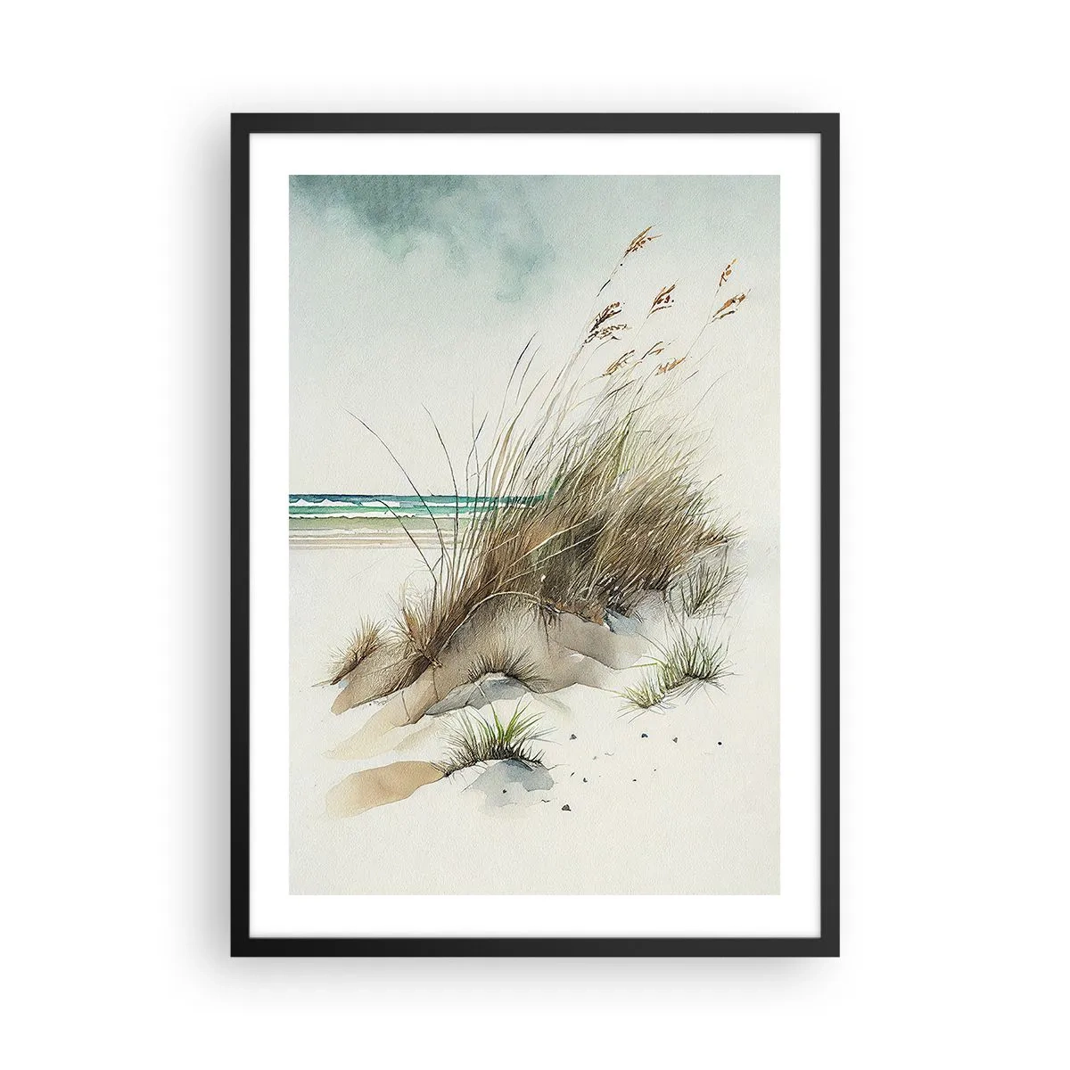 Poster in cornice nera - Dune in stile acquerello con erbe in riva a un mare calmo - 50x70cm - Avvolti dalla sabbia - Decorazione murale moderna per soggiorno e camera da letto ARTTOR