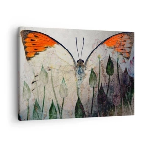 Quadro su tela - Stampe su Tela - Una farfalla con ali arancioni su uno sfondo di fiori stilizzati. - 70x50cm - Dove la farfalla si dondola sull'erba - Decorazione murale moderna per soggiorno e camera da letto ARTTOR