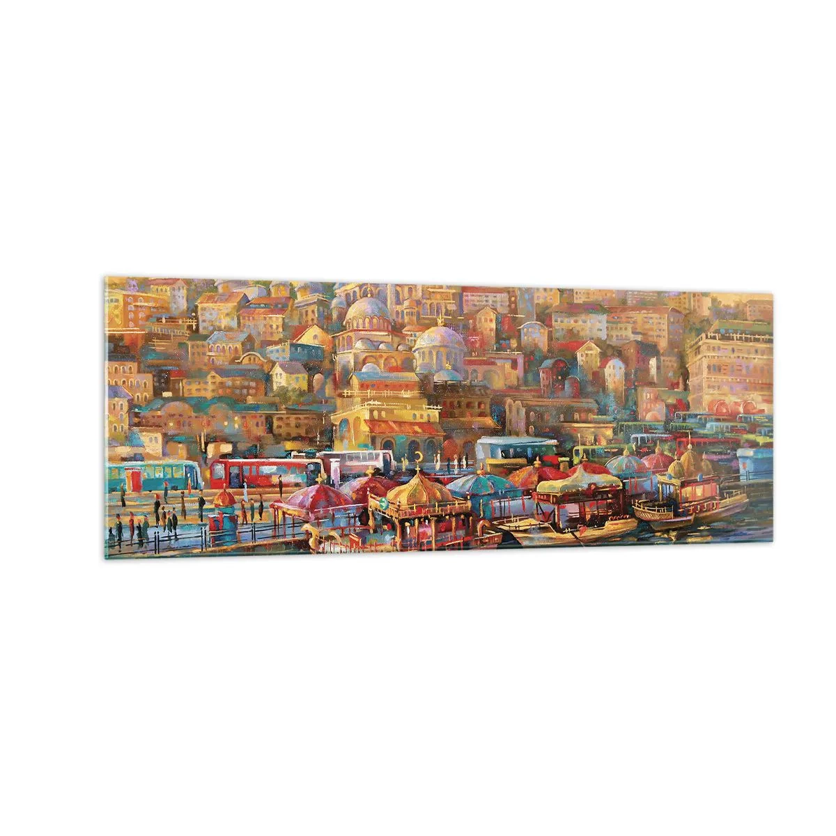 Quadro su vetro - Panorama pittoresco di Istanbul con vista sulla baia e sulla città - 140x50cm - Racconto da Istanbul - Decorazione murale moderna per soggiorno e camera da letto ARTTOR