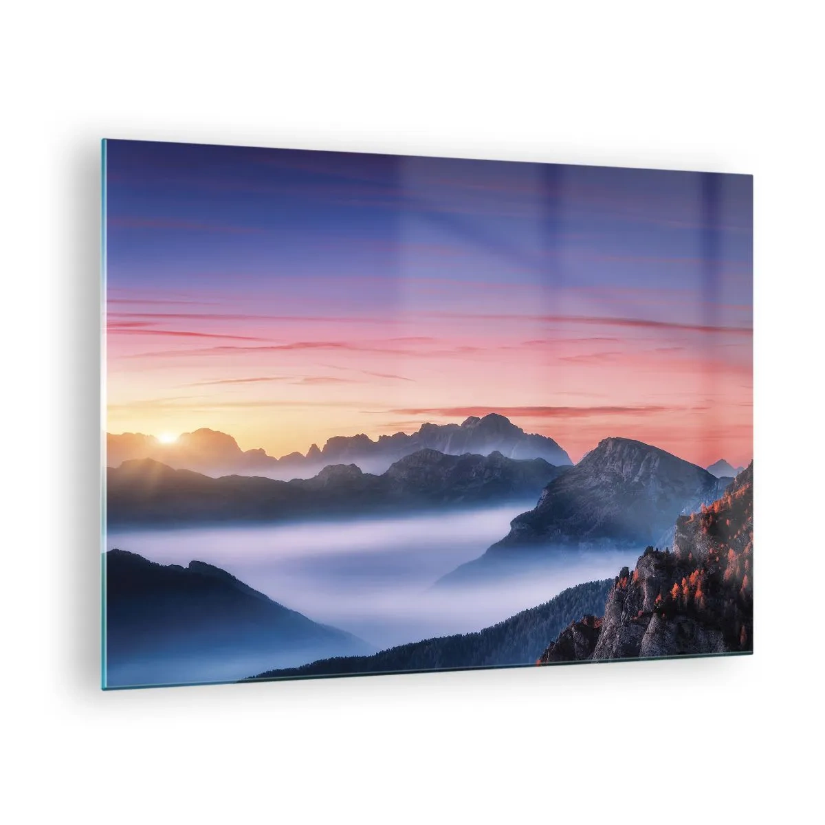 Quadro su vetro - Un'alba pittoresca sul paesaggio montano - 70x50cm - Sopra le valli - Decorazione murale moderna per soggiorno e camera da letto ARTTOR