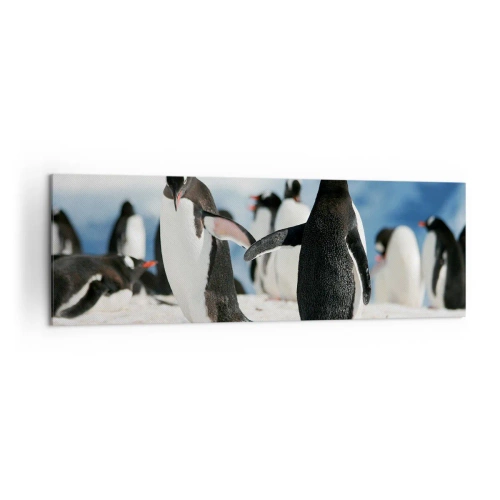 Quadro su tela - Stampe su Tela - Un gruppo di pinguini nella neve in un paesaggio antartico - 160x50cm - Danza sulla neve - Decorazione murale moderna per soggiorno e camera da letto ARTTOR