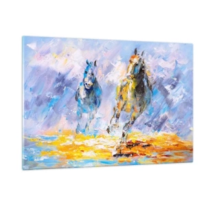Quadro su vetro - Due cavalli al galoppo nell'acqua in stile artistico - 120x80cm - Al galoppo nella luce - Decorazione murale moderna per soggiorno e camera da letto ARTTOR
