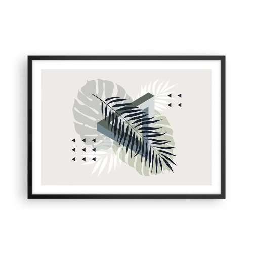 Poster in cornice nera - Composizione geometrica con foglie tropicali nei toni del verde - 70x50cm - Natura e geometria: due ordini? - Decorazione murale moderna per soggiorno e camera da letto ARTTOR
