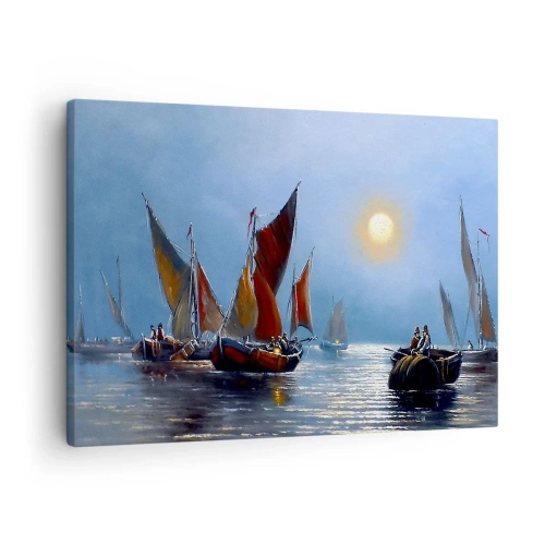 Quadro su tela - Stampe su Tela - Barche con le vele su acque calme al tramonto - 70x50cm - Pesca notturna - Decorazione murale moderna per soggiorno e camera da letto ARTTOR