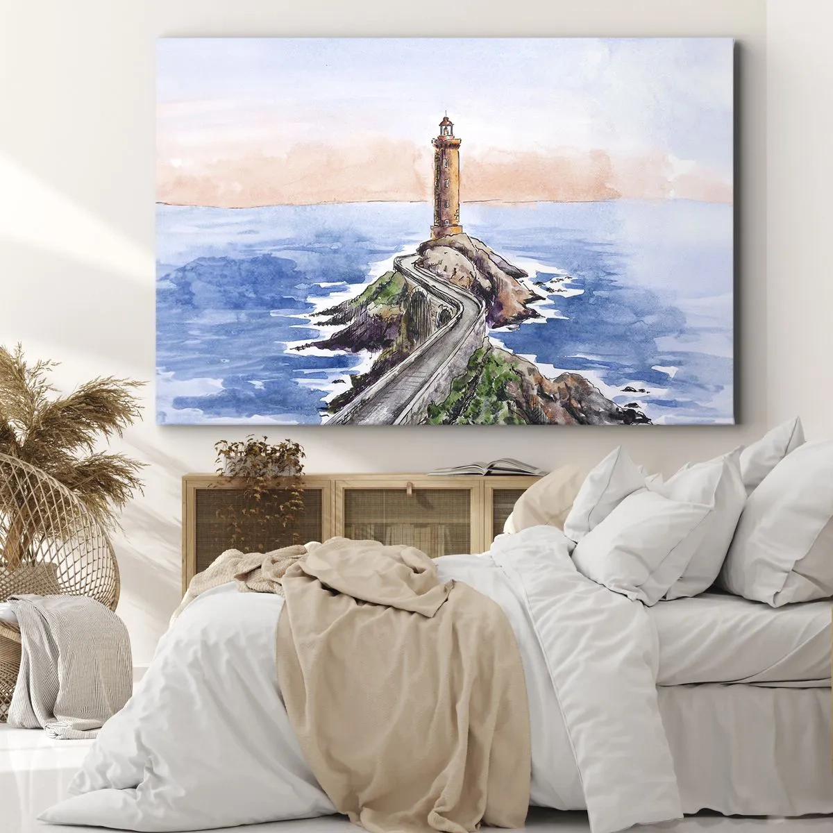 Quadro su tela - Stampe su Tela - Un faro su una costa rocciosa - 100x70cm - Rivolto verso il mare - Decorazione murale moderna per soggiorno e camera da letto ARTTOR