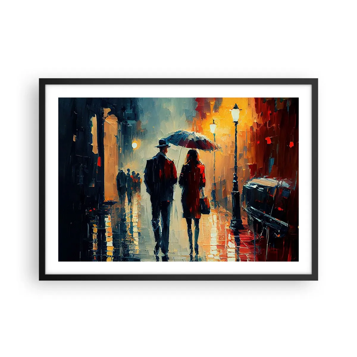 Poster in cornice nera - Camminare sotto la pioggia sotto un ombrello in città di notte - 70x50cm - Love story cittadina - Decorazione murale moderna per soggiorno e camera da letto ARTTOR