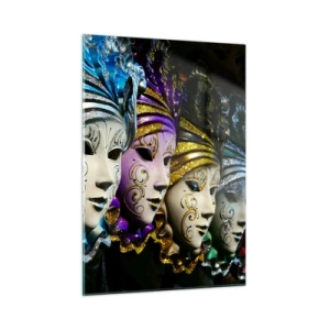 Quadro su vetro - Maschere veneziane colorate in fila - 50x70cm - Mistero in oro e argento - Decorazione murale moderna per soggiorno e camera da letto ARTTOR