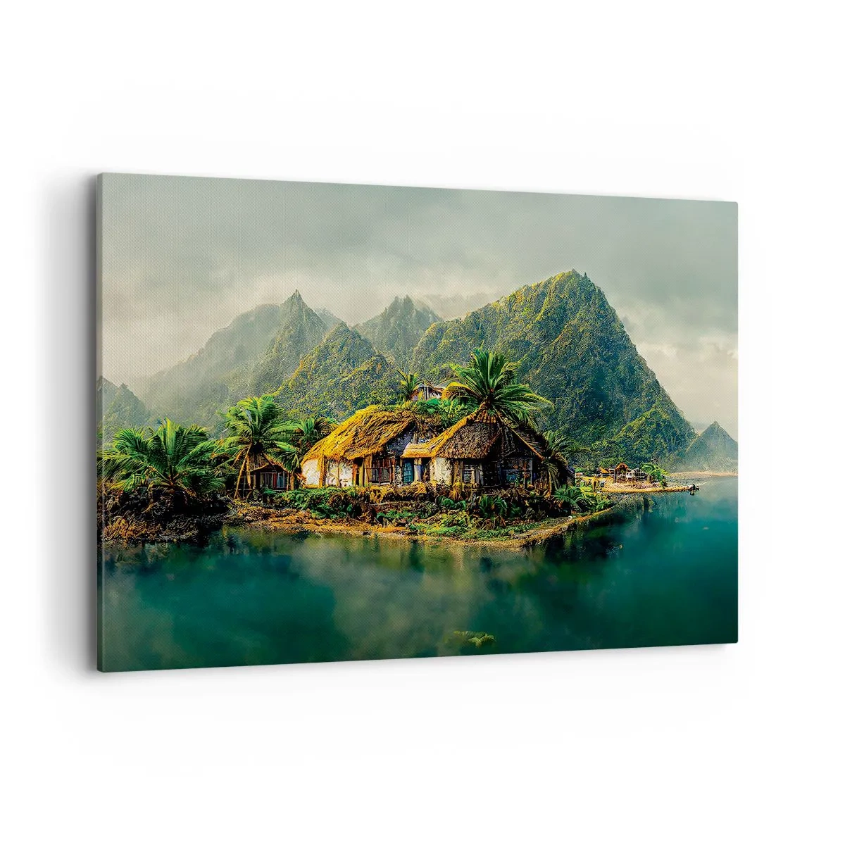 Quadro su tela - Stampe su Tela - Un'isola tropicale con palme e montagne sullo sfondo - 100x70cm - Paradiso tropicale - Decorazione murale moderna per soggiorno e camera da letto ARTTOR