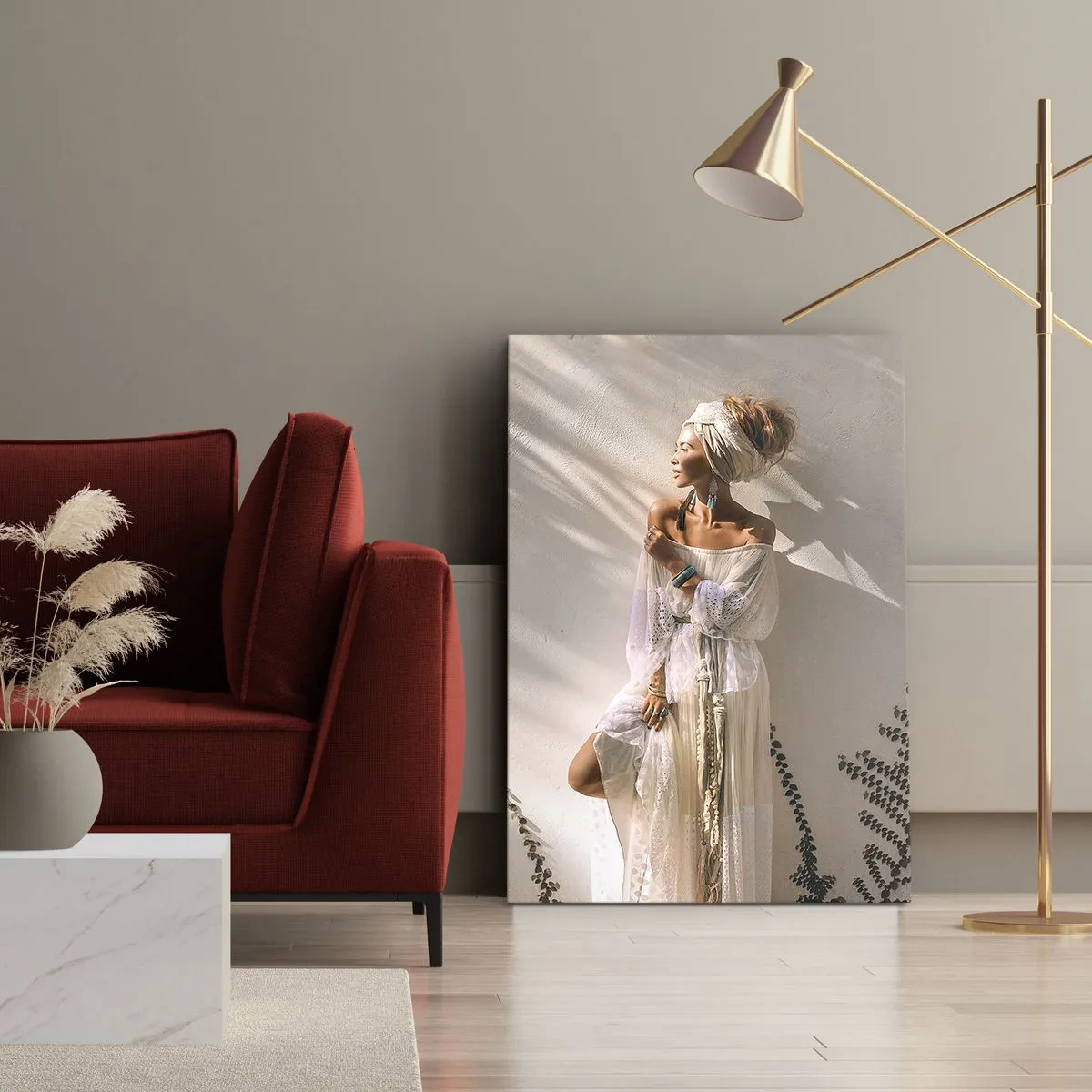 Quadro su tela - Stampe su Tela - Una donna in stile boho illuminata dai raggi del sole - 50x70cm - Il sole e la ragazza - Decorazione murale moderna per soggiorno e camera da letto ARTTOR