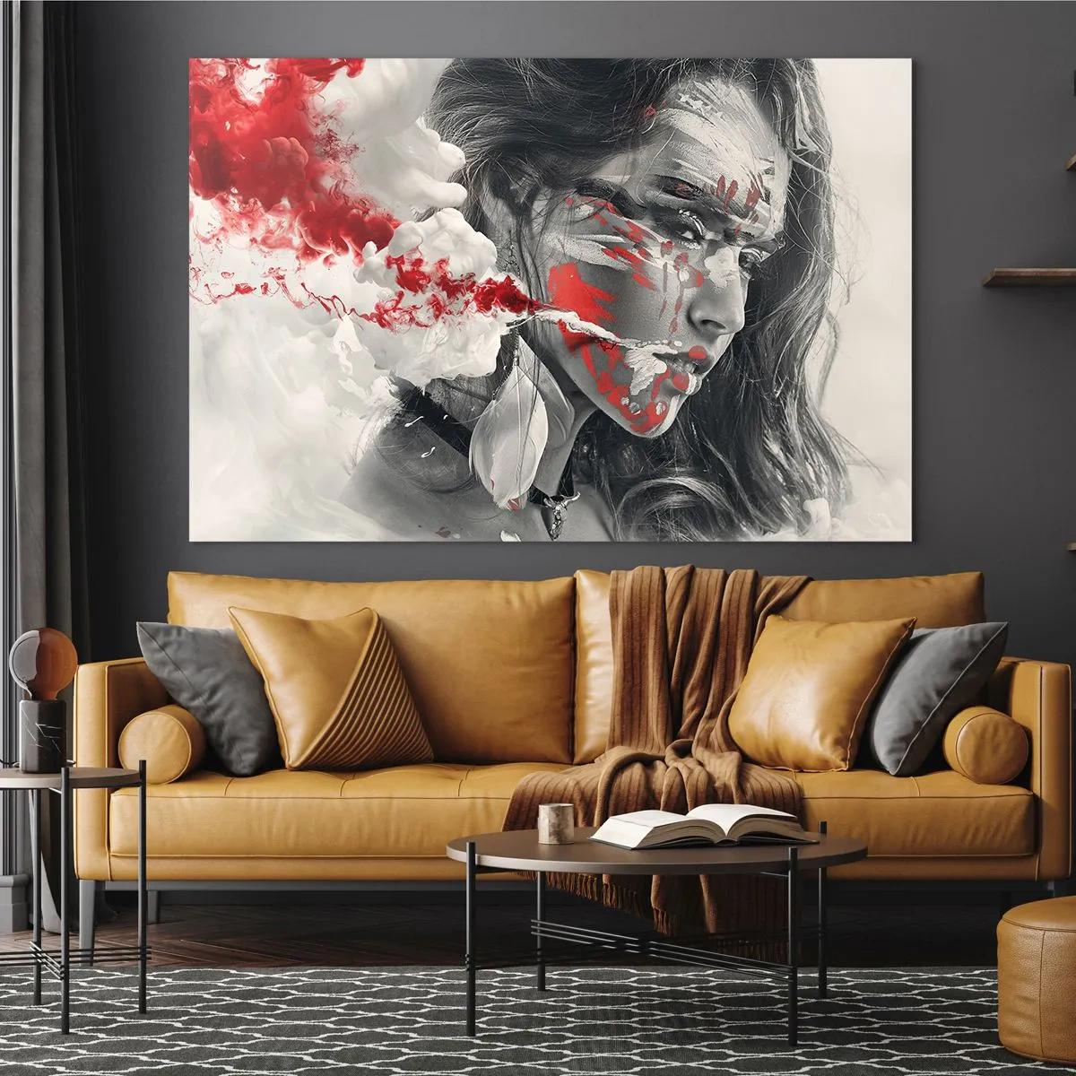 Quadro su vetro - Ritratto di una donna con motivi astratti rossi e bianchi - 70x50cm - Nei vapori dell'assurdo - Decorazione murale moderna per soggiorno e camera da letto ARTTOR