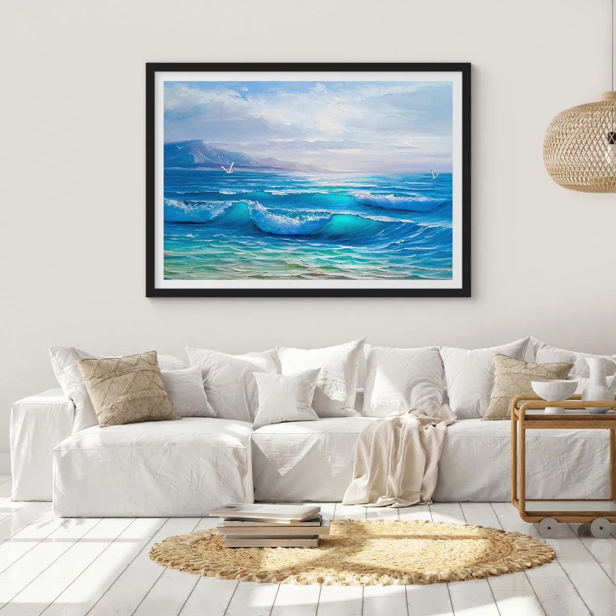 Poster in cornice nera - Un pittoresco paesaggio marino con onde e cielo azzurro - 100x70cm - Porta sollievo - Decorazione murale moderna per soggiorno e camera da letto ARTTOR