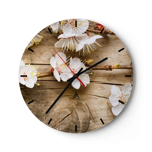 Orologio da parete - Orologio in Vetro - Fiori di ciliegio in fiore su uno sfondo di tavola di legno in toni caldi - 30x30cm - Ed è giunta la primavera - Decorazione murale moderna per soggiorno, cucina e camera da letto ARTTOR