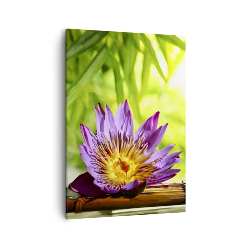 Quadro su tela - Stampe su Tela - Fiore di loto viola su uno sfondo di foglie di bambù verdi - 50x70cm - Al sole dell'Asia - Decorazione murale moderna per soggiorno e camera da letto ARTTOR