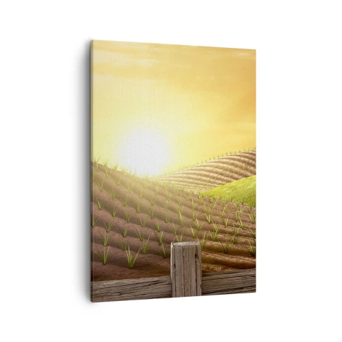 Quadro su tela - Stampe su Tela - Paesaggio rurale con un fienile rosso, un trattore e l'alba - 50x70cm - La fattoria delle favole - Decorazione murale moderna per soggiorno e camera da letto ARTTOR