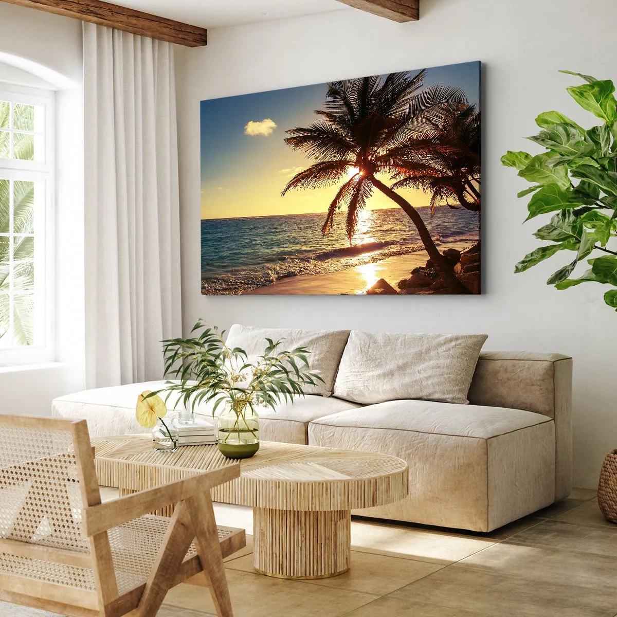 Quadro su tela - Stampe su Tela - Tramonto tropicale su una spiaggia con palme - 120x80cm - Estate sotto le palme - Decorazione murale moderna per soggiorno e camera da letto ARTTOR