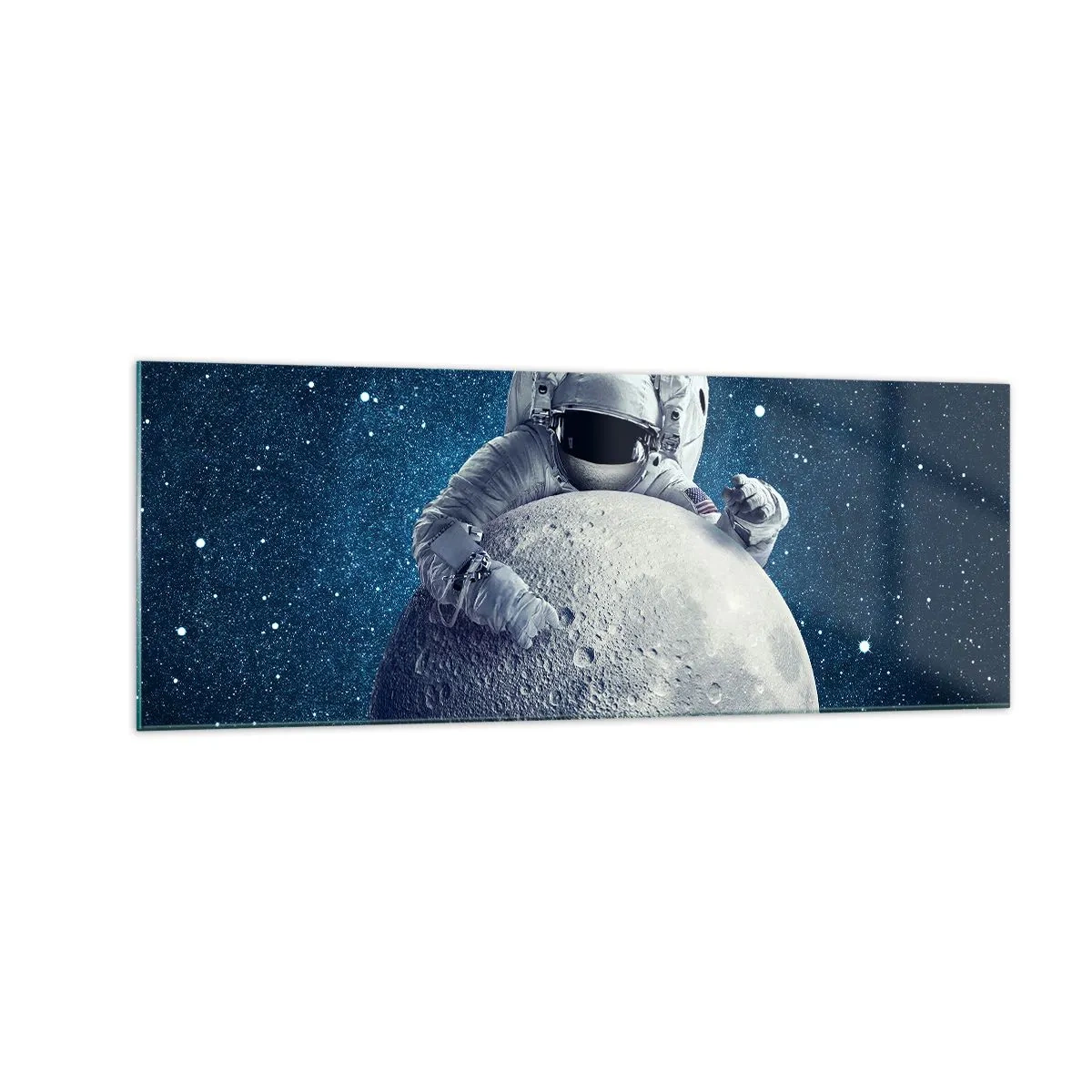 Quadro su vetro - Astronauta che tiene la luna contro un cielo stellato - 140x50cm - Burlone spaziale - Decorazione murale moderna per soggiorno e camera da letto ARTTOR