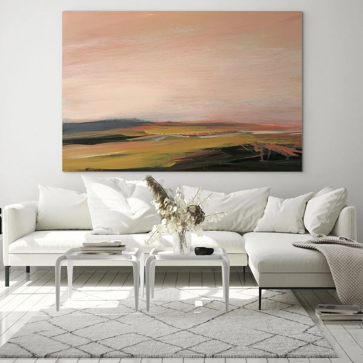 Quadro su vetro - Un paesaggio astratto nelle tonalità del rosa e del verde sporco. - 120x80cm - In tonalità di rosa - Decorazione murale moderna per soggiorno e camera da letto ARTTOR