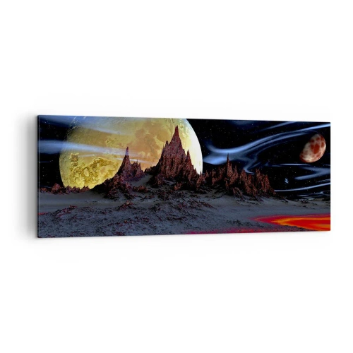 Quadro su tela - Stampe su Tela - Un paesaggio fantastico con pianeti e scenari vulcanici - 140x50cm - Un mondo sconosciuto - Decorazione murale moderna per soggiorno e camera da letto ARTTOR
