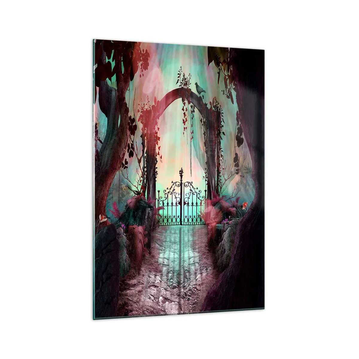 Quadro su vetro - Un ingresso magico con un cancello in ferro battuto circondato da una vegetazione misteriosa - 70x100cm - Il giardino dei misteri - Decorazione murale moderna per soggiorno e camera da letto ARTTOR
