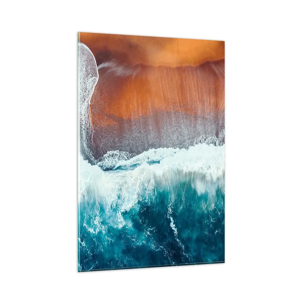 Quadro su vetro - Una vista delle onde dell'oceano che si infrangono sulla spiaggia dorata - 80x120cm - Il tocco dell'oceano - Decorazione murale moderna per soggiorno e camera da letto ARTTOR