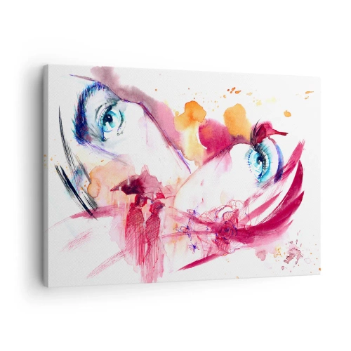 Quadro su tela - Stampe su Tela - Un volto astratto con occhi espressivi e accenti rossi. - 70x50cm - Insieme il mondo fiorisce - Decorazione murale moderna per soggiorno e camera da letto ARTTOR