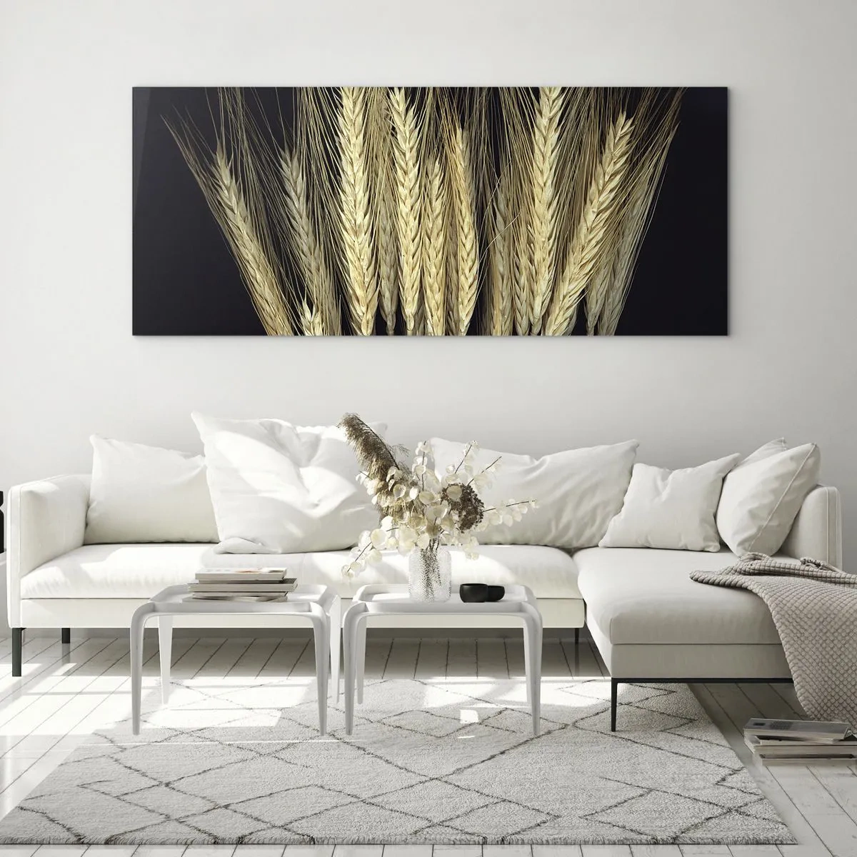 Quadro su vetro - Spighe di grano su sfondo nero in stile rustico - 140x50cm - Magia rustica - Decorazione murale moderna per soggiorno e camera da letto ARTTOR