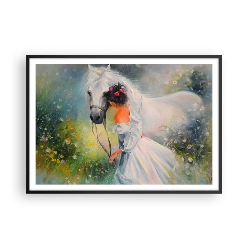 Poster in cornice nera - Una donna con un cavallo bianco in un ambiente pittoresco - 100x70cm - Come in un bel sogno - Decorazione murale moderna per soggiorno e camera da letto ARTTOR