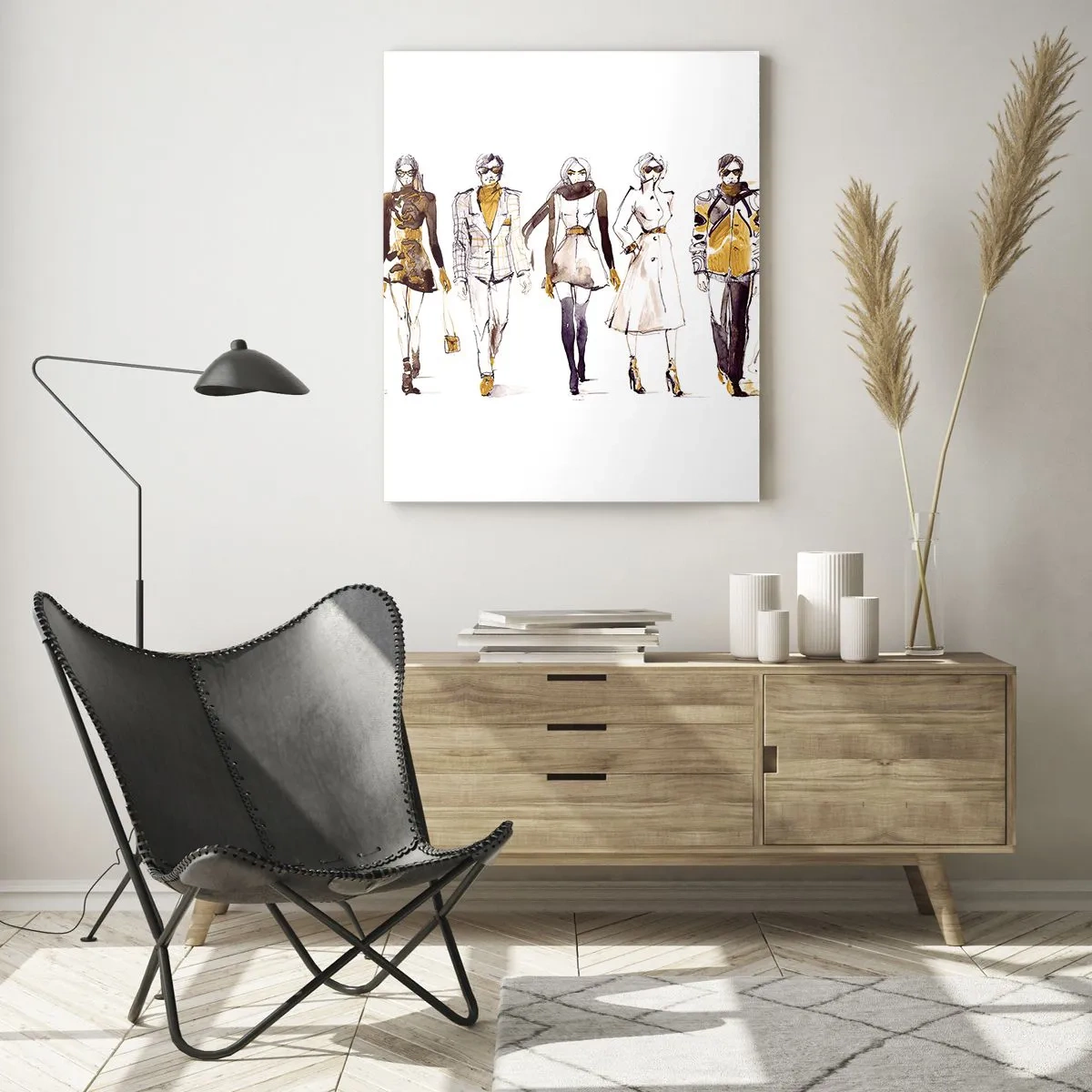 Quadro su vetro - Schizzo di un gruppo di persone in abiti alla moda - 70x100cm - Chic naturale, eleganza casual - Decorazione murale moderna per soggiorno e camera da letto ARTTOR